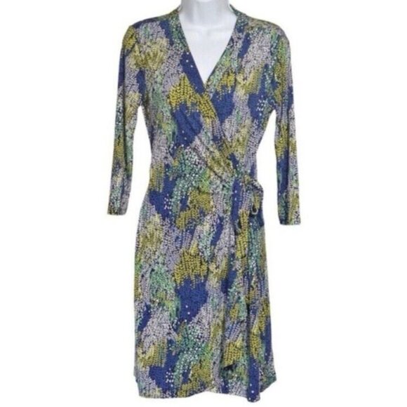 BCBGMaxAzria Wrap Dress Medium M Blue Stretch 3/4 Long Sleeve Washable - Picture 5 of 11